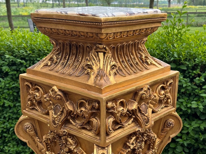 Pedestal French Louis XVI Gold Resin Marble Top Floral Display Stand 1960 Tall gallery
