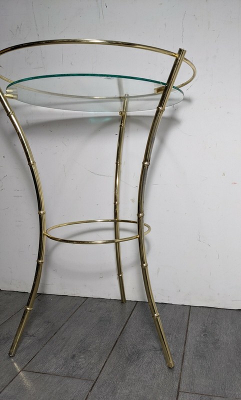 Vintage Mid Century Modern Gold Metal Faux Bamboo Round Glass Table Regency gallery