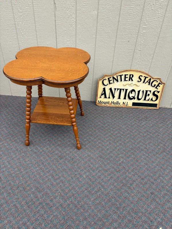 67745 Antique Oak Clover Table with Barley Twist Legs and Shelf gallery