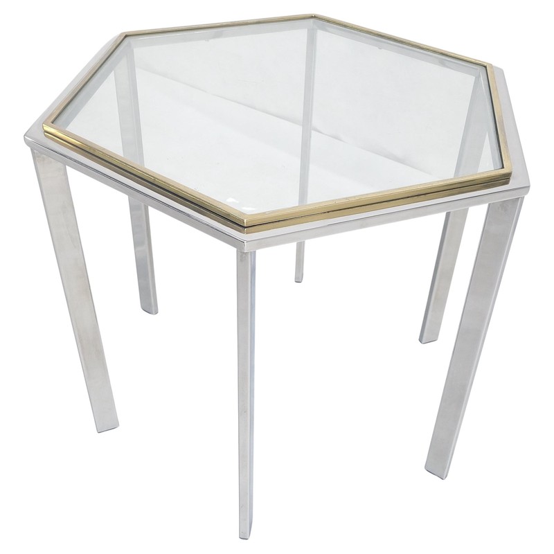 Hexagon Shape Chrome Brass & Glass 22″ Tall Occasional Side Table Stand MINT!