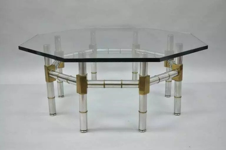 Mid Century Modern Chrome and Brass Faux Bamboo Octagonal Glass Top Coffee Table gallery