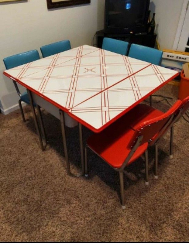 Retro 50s Table Chairs Set Red White Blue Enamel Top Extra Leafs Pick Up Only gallery