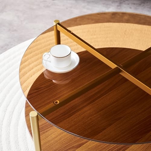 Mid-Century Modern Round Coffee Table, 2-Tier Amber Glass & Walnut, Sleek Metal gallery