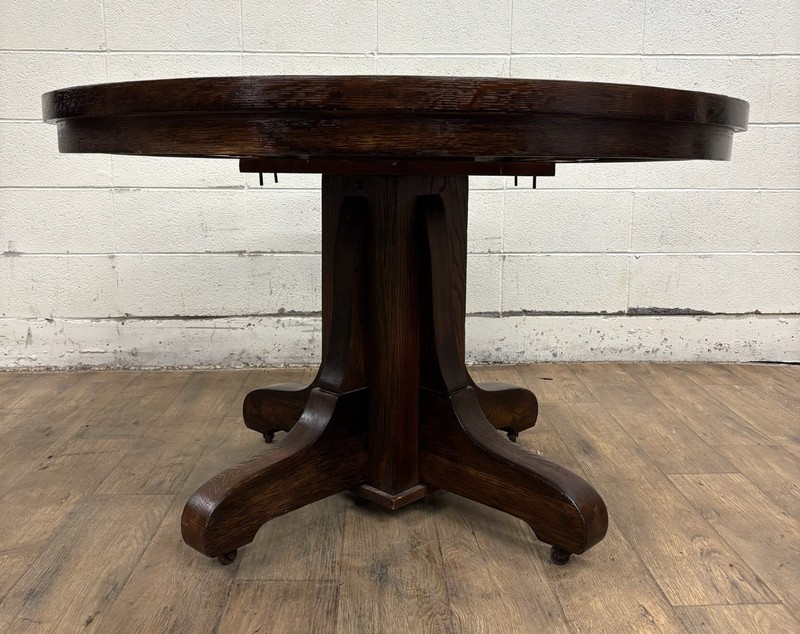 Antique Mission Arts and Crafts Tiger Oak Quarter Sawn Pedestal Dining Table gallery