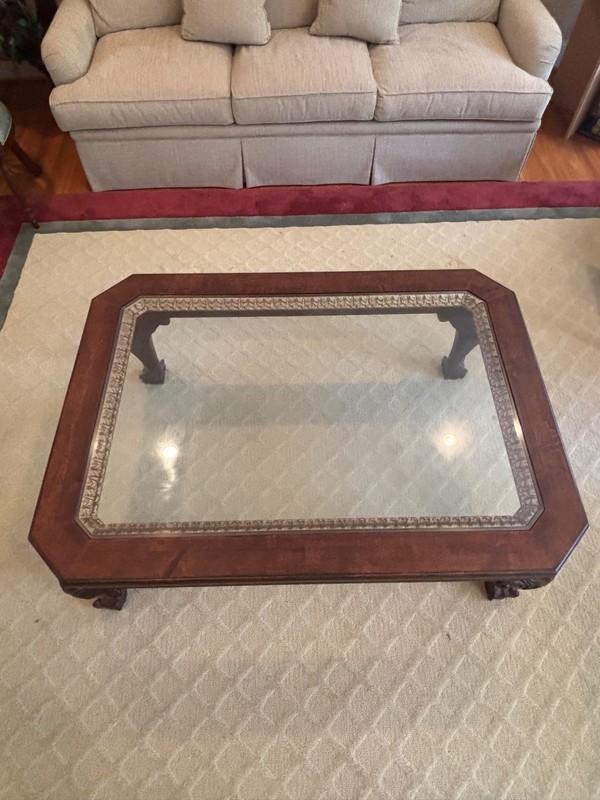 Vintage Rectangle Carved Mahogany Glass Top Coffee Table Claw Feet Beveled Glass gallery