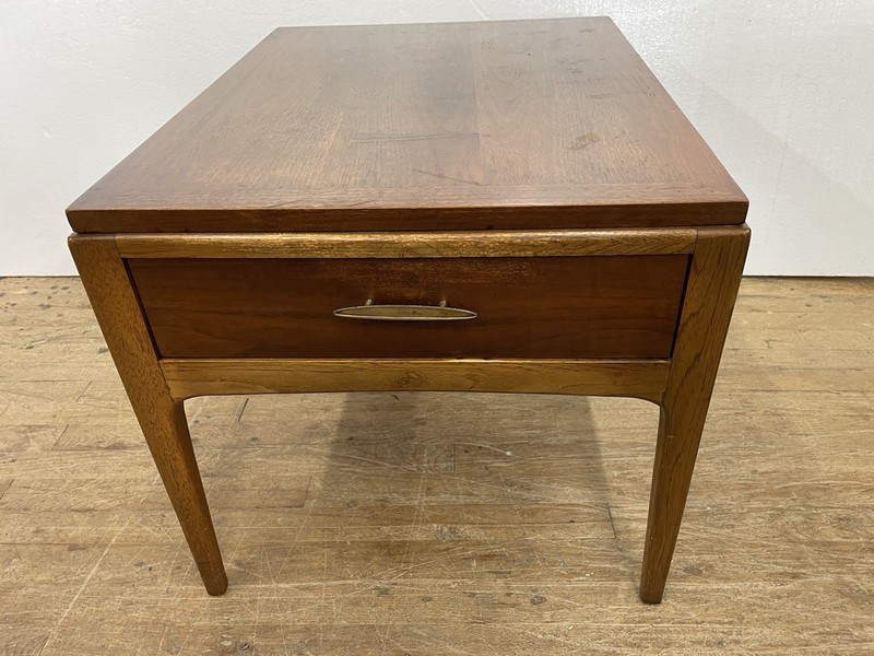 1965 MCM Lane Rhythm Collection Walnut Single End Table w Drawer Brass Plate gallery