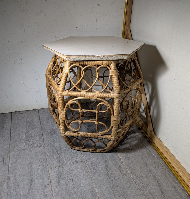 Vintage Asian Chinoiserie Boho Chic Bamboo Wicker Rattan Side Drum Table D72 gallery