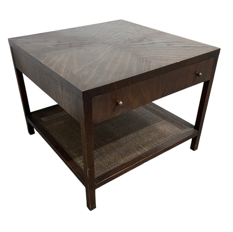 Vintage 1970’s MCM Walnut Wood Square Side / End Table w/ Caned Shelf & Drawer gallery