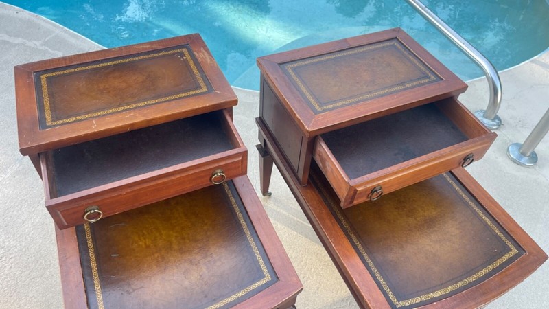 PAIR 1940s Step-Back Tooled Leather Top ANTIQUE Side End Drawer Tables Mersman gallery