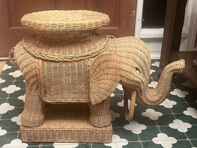 Vintage Boho Wicker Rattan Elephant Side Table Style of Mario Lopez Torres 1970s gallery