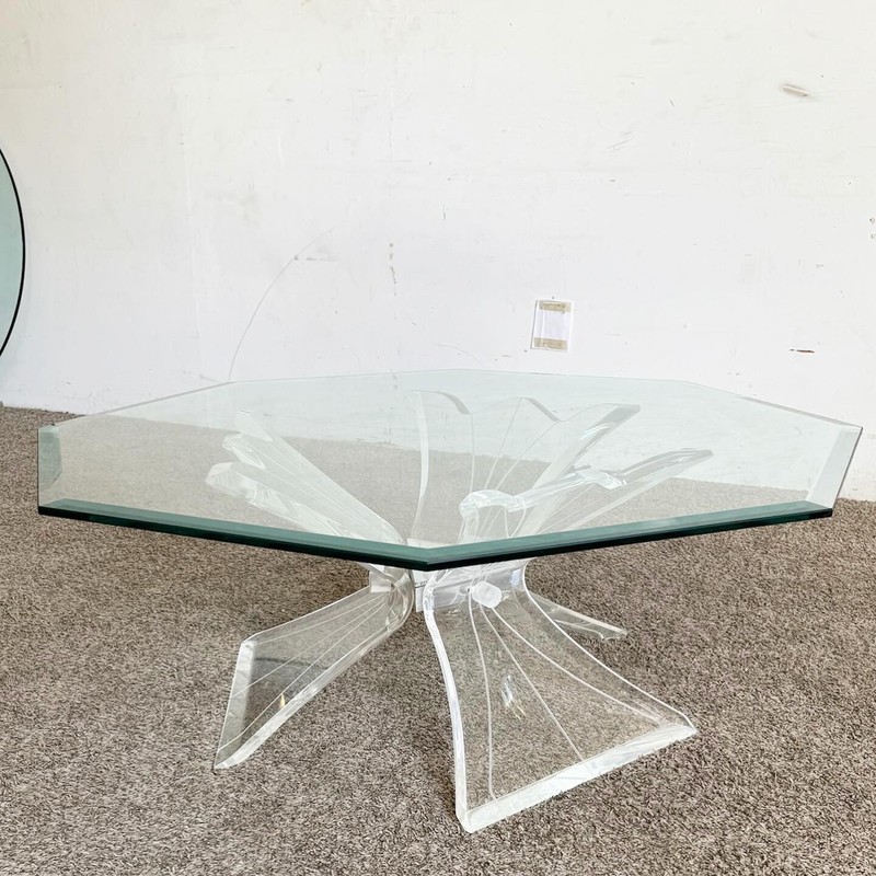 Postmodern Octagonal Beveled Glass Top Lucite Coffee Table gallery