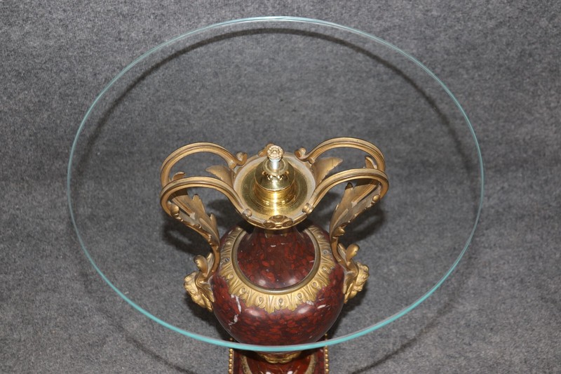 Superb Rouge Marble Urn Form Figural Bronze Mounted Glass Top Occasional Table gallery