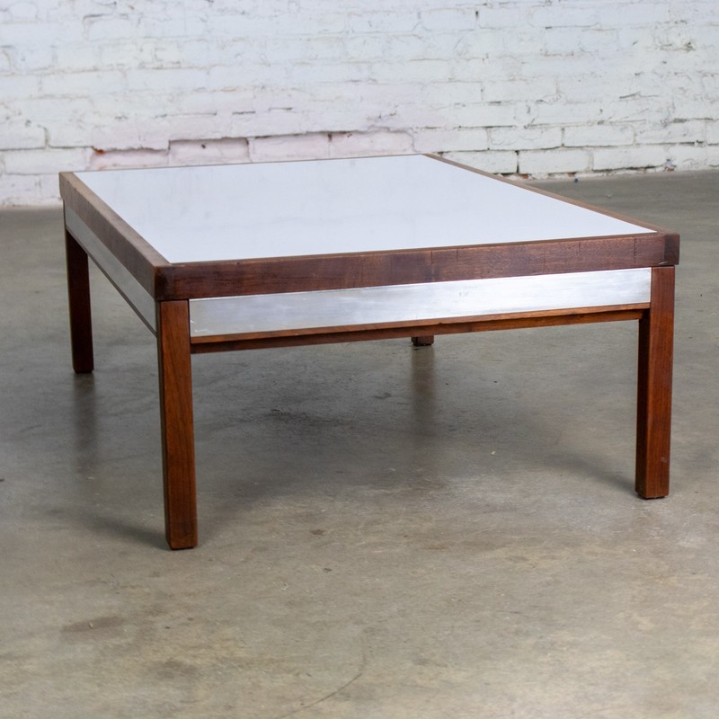 Mid-20th MCM Coffee or End Table Rectangular Walnut Frame & White Laminate Top gallery
