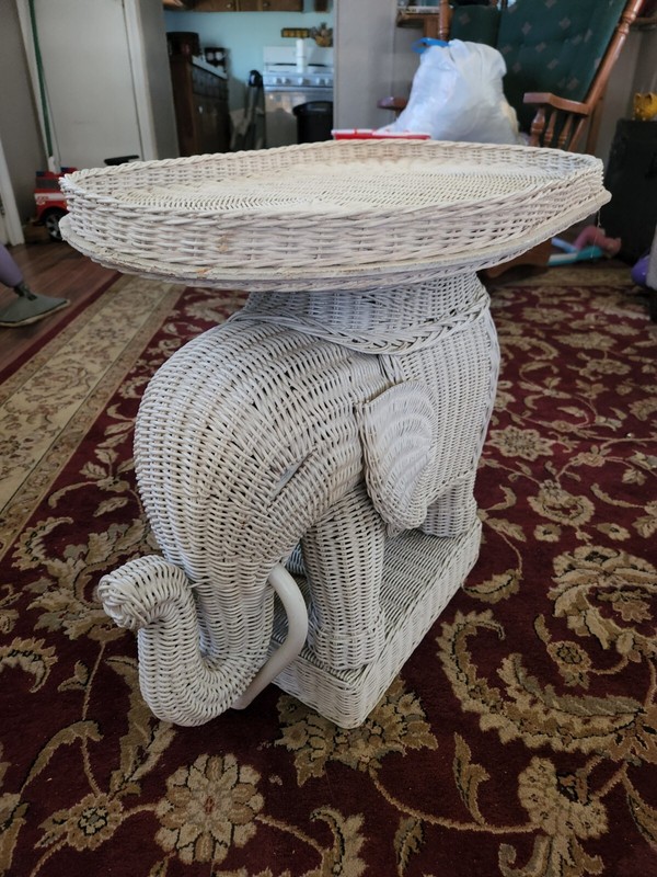 Vintage Boho White Wicker Elephant Plant Stand Side Table