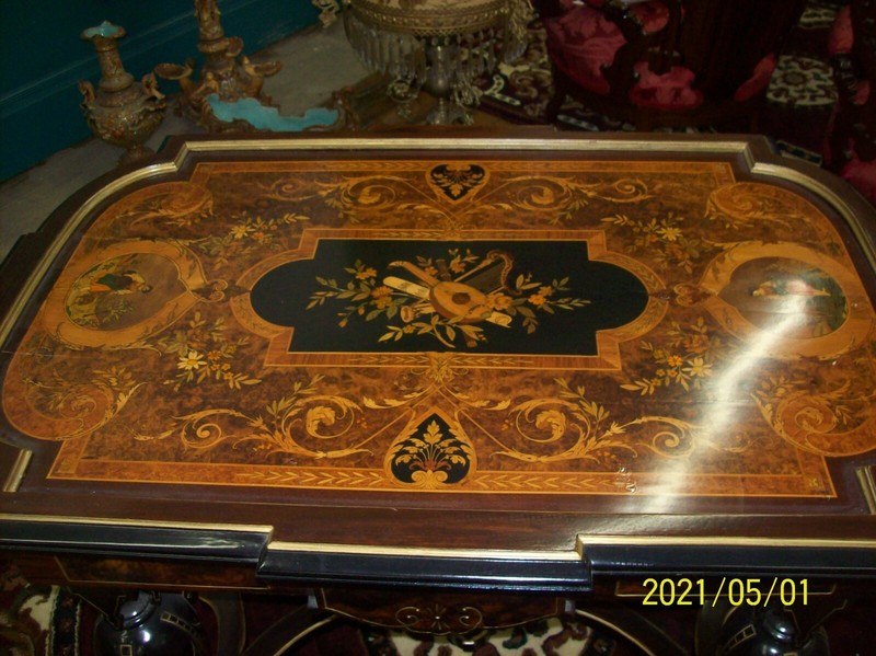 Antique American Renaissance Inlaid Marquetry Table, Circa 1880 gallery