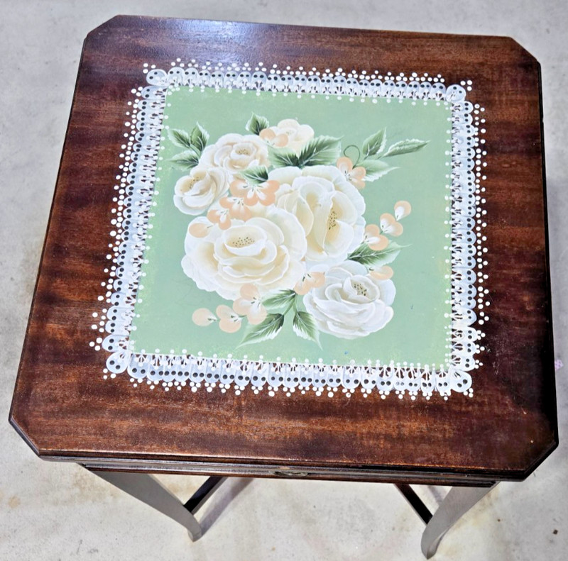 Antique Grand Rapids Imperial Side Table-with drawer- Hand Painted Floral on top gallery