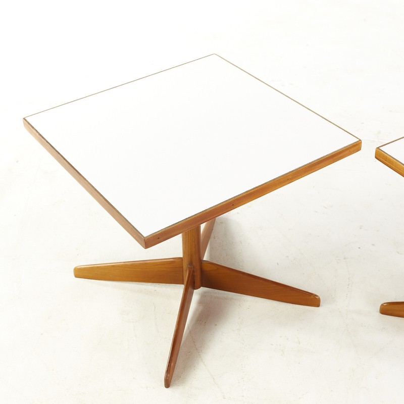 Edward Wormley Style Mid Century Walnut and White Laminate End Tables - Pair gallery