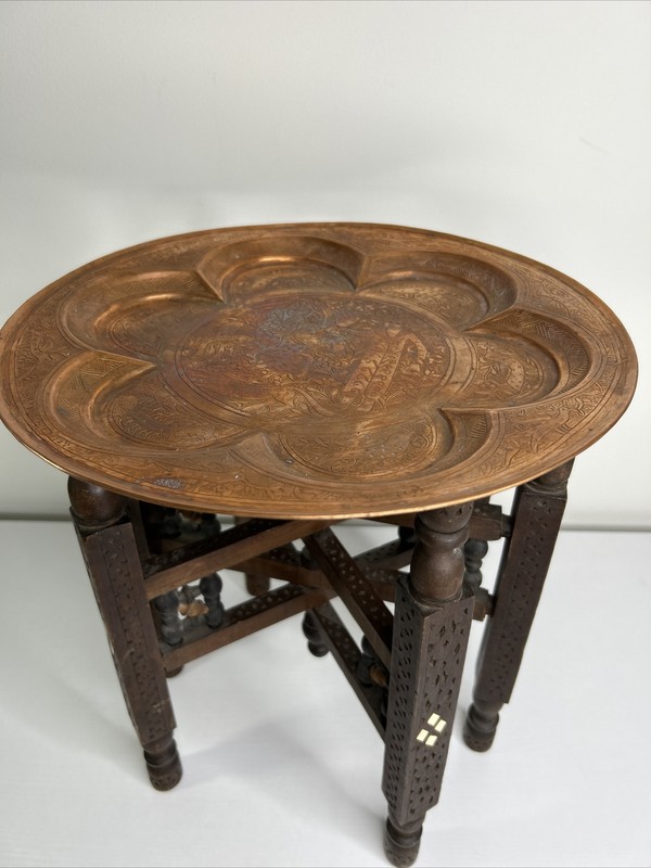 Moroccan Round Side Tea Table 12″ Copper Top Wood Carved Folding Base