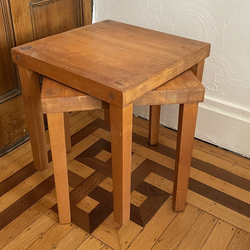 2 Vintage Butcher Block Stacking Side End Tables Hand Crafted Weathered Rustic