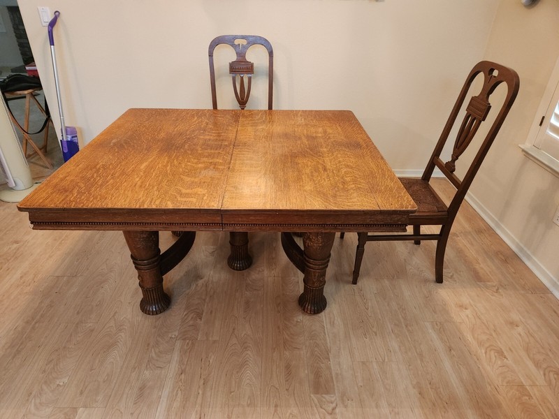 Antique Oak Dining Table With 5 Legs, 5 Leaves, And 8 Chairs gallery