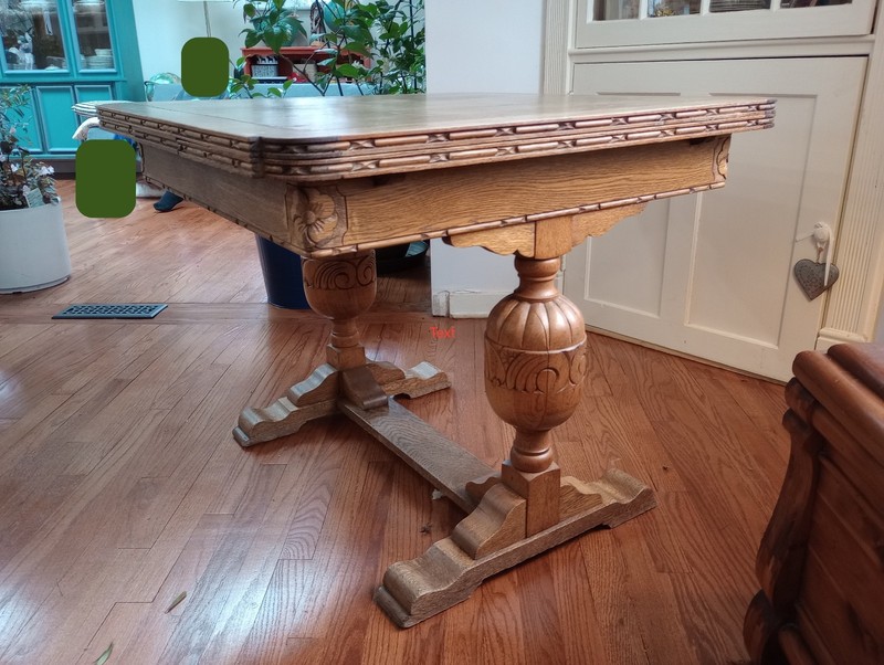 Antique Draw Leaf Quarter Cut Tiger Oak Trestle Ornate Base 4Chairs Table Set