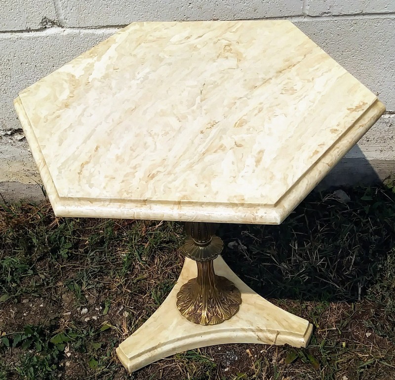 Mid Century Brass Pedestal Hexagon Travertine Marble Low Side Table gallery