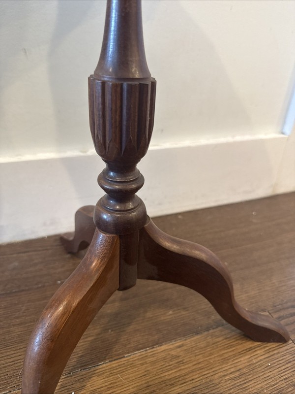 Mahogany Tripod Golden Faux Leather Gilt Top Green Wine / Side Table vintage gallery
