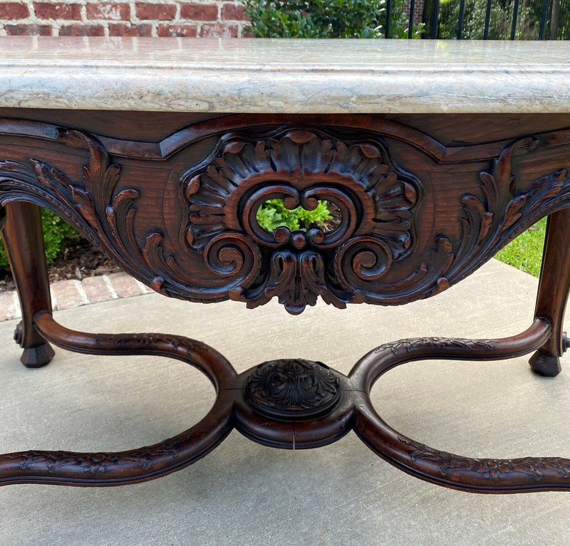 Antique French Console Entry Table Marble Top Carved Walnut Foyer Sofa Excellent gallery