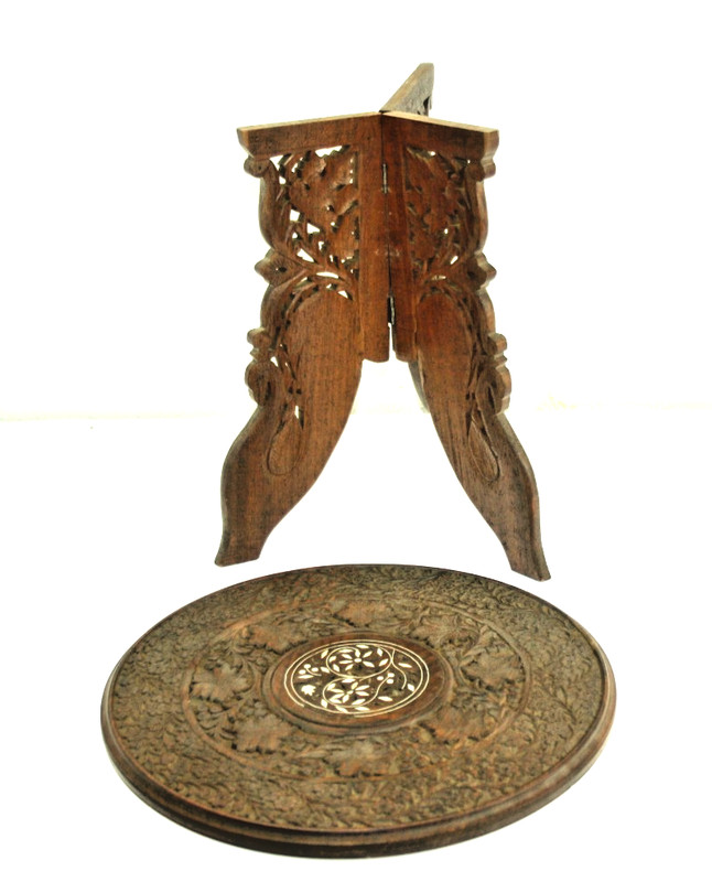 Rare Vintage India Hand Carved Wood Foldable Table with Ornate Inlay Dia. 38cm gallery