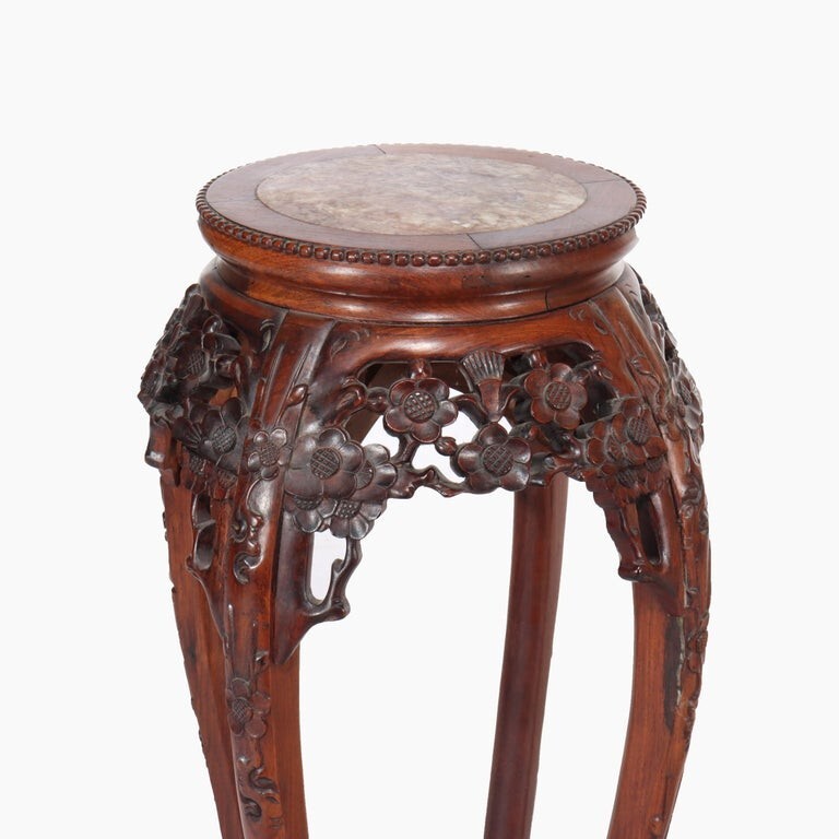 Pair of Antique Chinese Carved Rosewood & Rouge Marble Sculpture Stands C1920 gallery