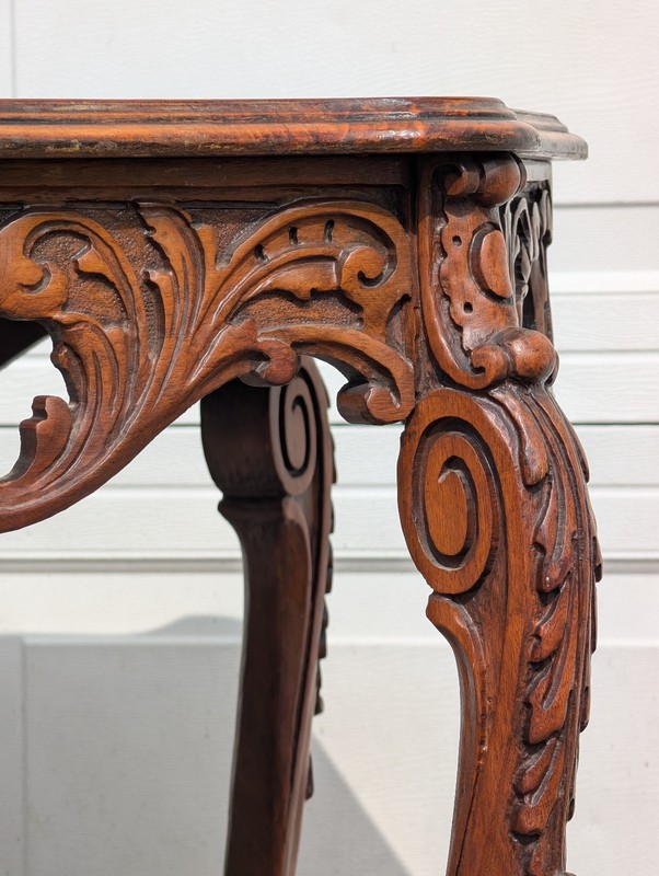 Antique French Louis XV Style Table, Inlaid Top, Carved Sides, 4 Joined Legs gallery