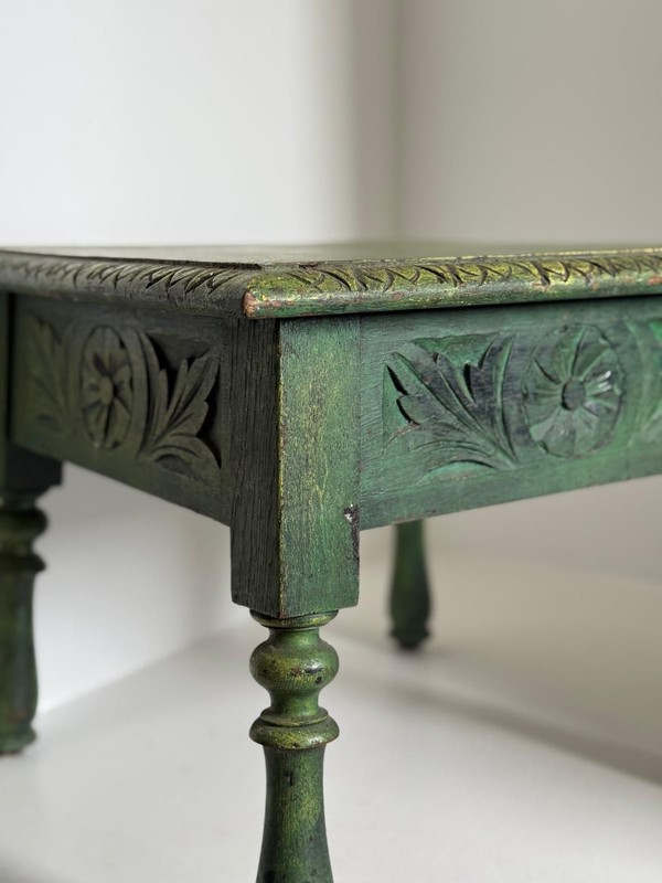 Antique Hand-Carved Folk Table Rustic Painted Green Side Stool gallery