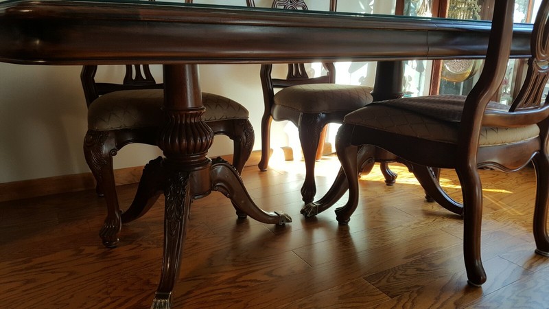 Formal Dining Room Table WALNUT With 6 Matching Chairs and protective top glass. gallery