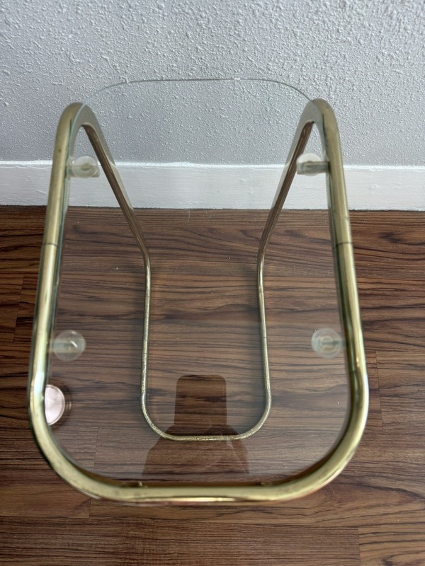 Vintage MCM Milo Baughman Style Brass Tone Glass Top Cantilever Side Table gallery