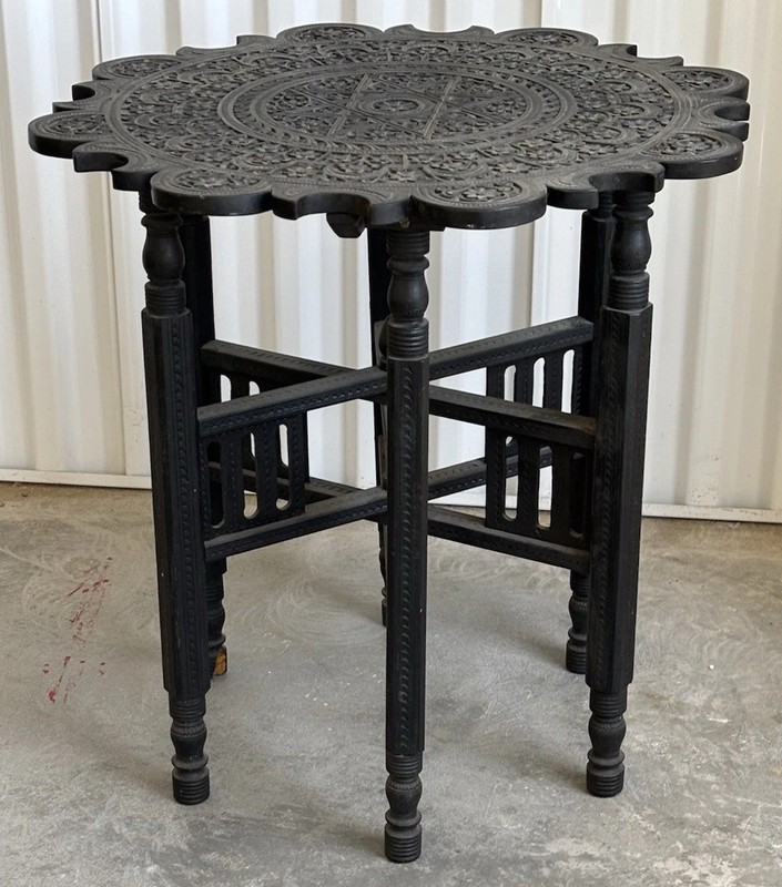 Vintage India Carved Low Black Wood Table Made In India Geometric Angelo- gallery