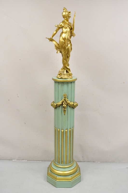 Italian Neoclassical French Empire Green & Gold Painted Wooden Column Pedestal gallery