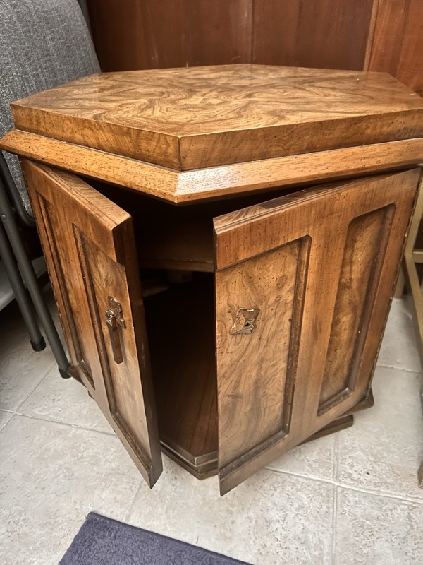 Vintage Hekman Rustic Spanish Colonial Drum Storage Cabinet Hexagon Table Doors