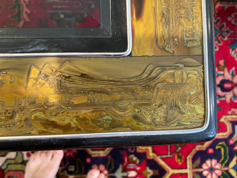 Vintage Bernhard Rohne Etched Acid Brass Coffee Table, 54" x 28 1/2" x 17 1/2" gallery