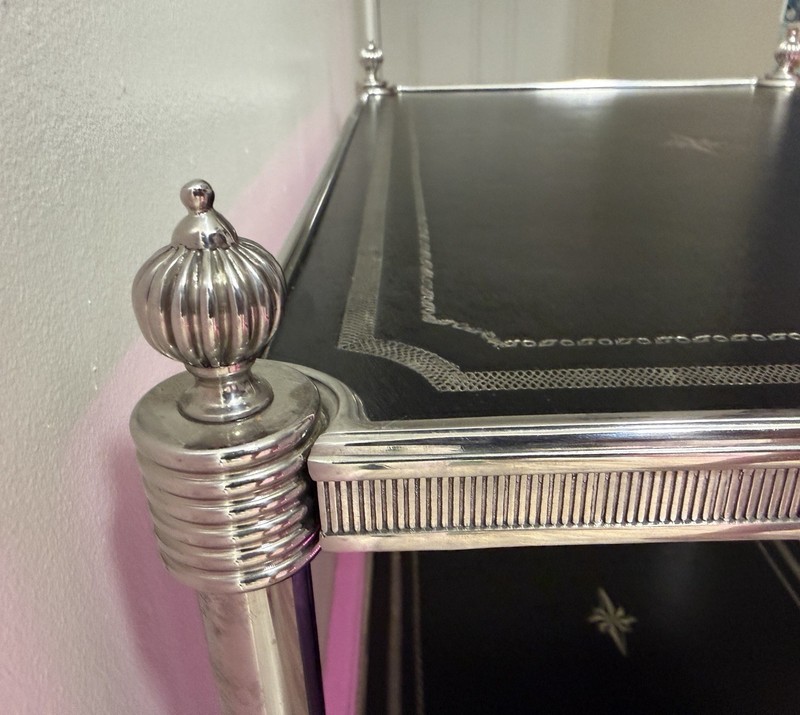 Gorgeous THEODORE ALEXANDER Side Table ( Used ) Black Leather And Silver Accent gallery