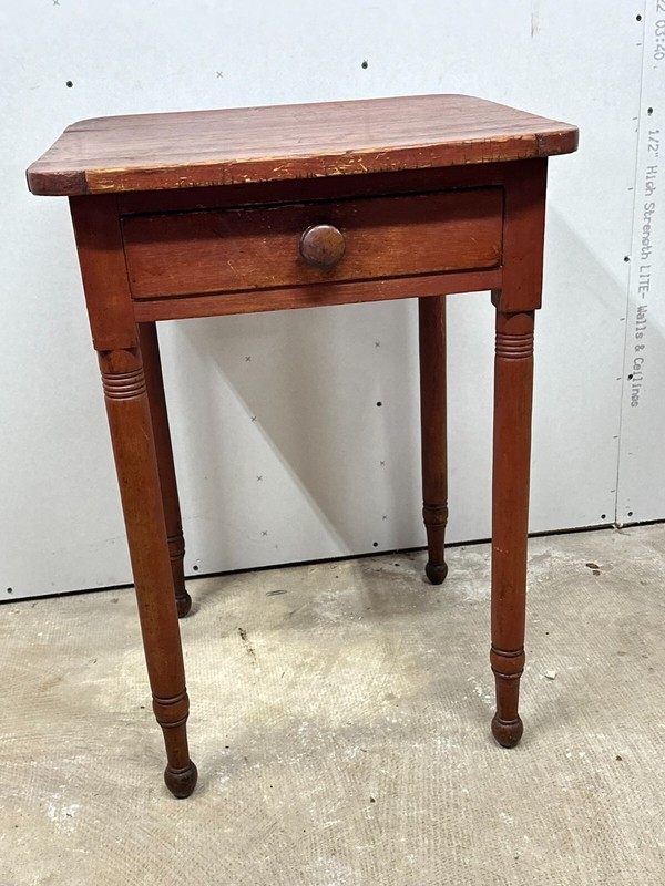 Pennsylvania 1800s red painted work table pine shaped top dovetailed stand gallery