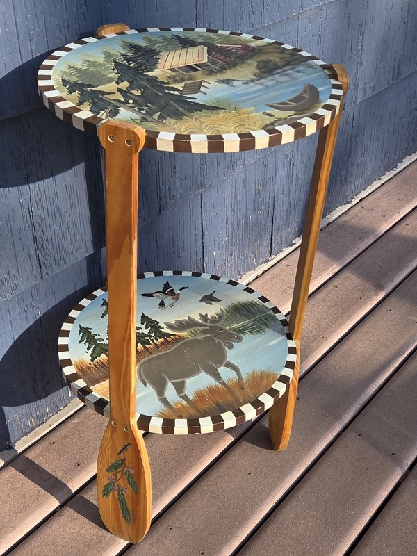 Wilderness Handpainted Scene Round 2 Tier Side Table w/ Oar Paddle Legs - Cabin gallery