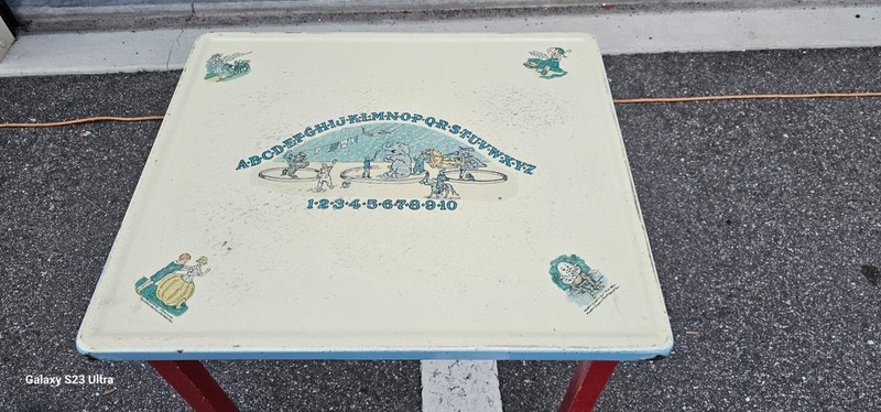 Vintage Childs Porcelain Enamel Top Nursery Rhymes Table