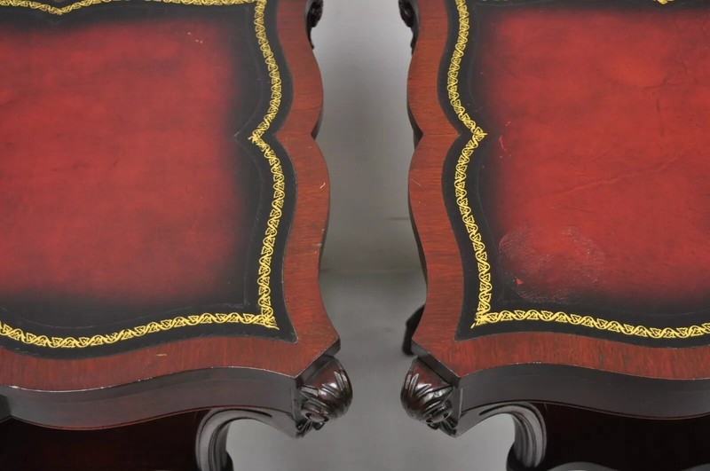 Vintage French Regency Style Red Leather Top Mahogany Lamp End Tables - a Pair gallery