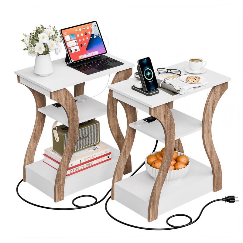 2X End Table w/ Charging Station Couch Side Table for Small Space Bedroom White