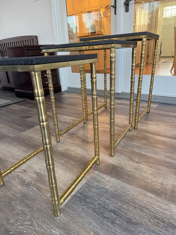 Hollywood Regency Brass Faux Bamboo Nesting Tables With Black Faux Leather~3 Pc gallery