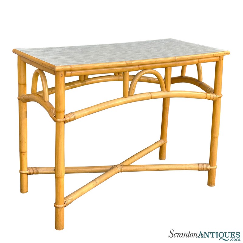 Vintage Coastal Boho Rattan Bamboo Side Table Server Stand