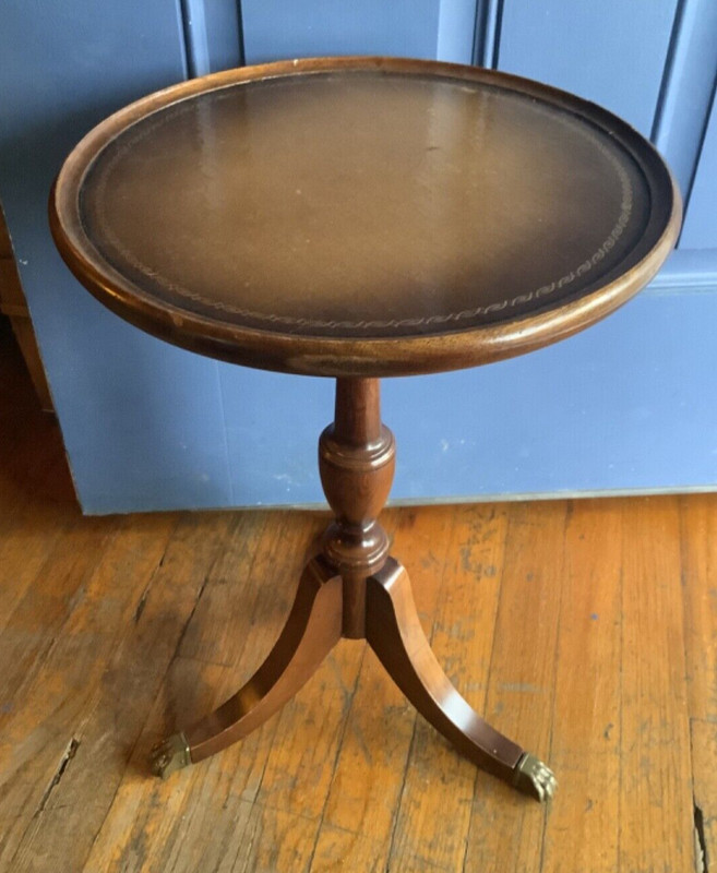 Wood Imperial USA Tripod Side end Plantstand table antique leather top vintage