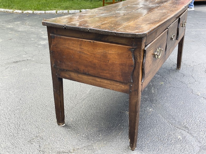 Antique French Three Drawer Planked-Top Server Console Table gallery