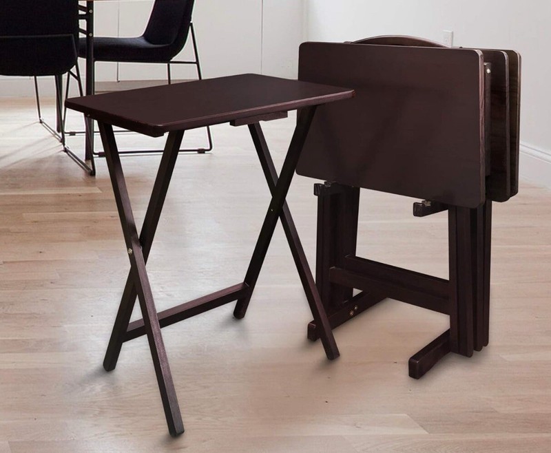 Linon Morris Folding Wood Five Piece Tray Table Set with Stand in Brown gallery