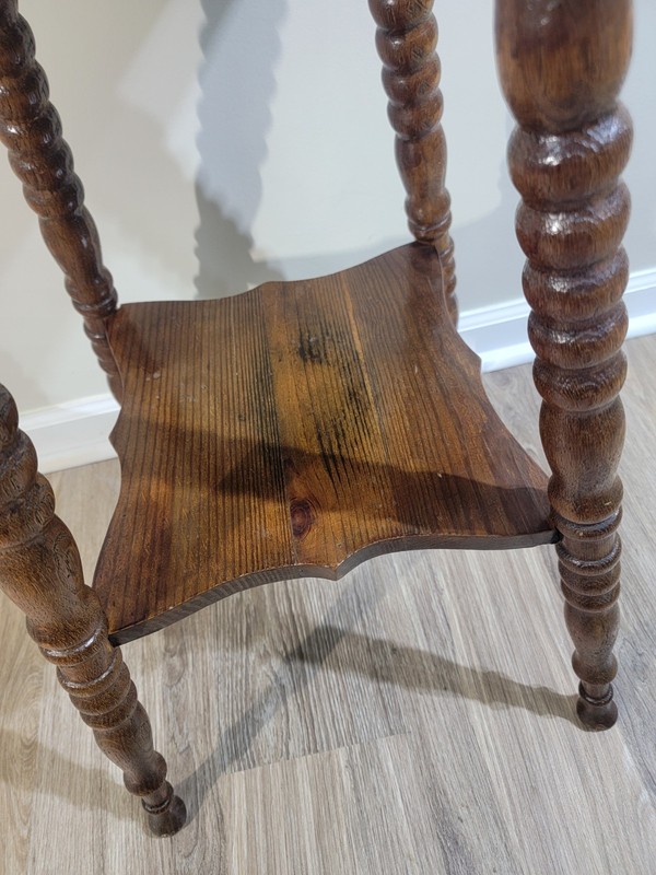 Antique Rustic Oak Victorian Turned Spool Leg 2 Tier Table gallery